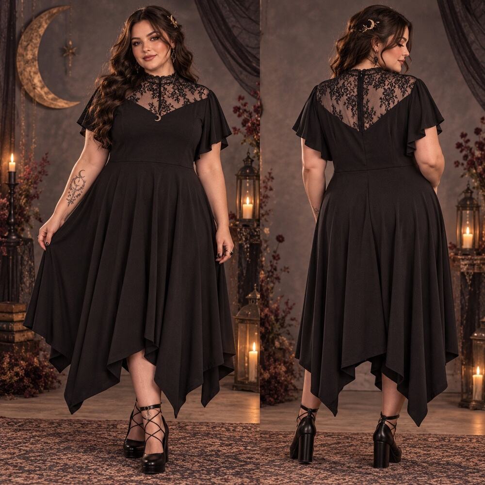 Scarlet Darkness Lace Black Dress Goth Sz 2XL NWT Whimsigoth Witchy Hanky Hem